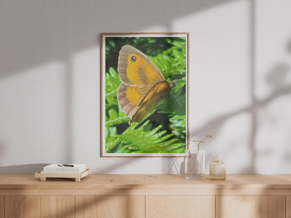 Gatekeeper Butterfly on Fern Poster, Orange Brown Wildlife Photography Print, Nature Wall Art, British Butterfly Photo Print for Home
