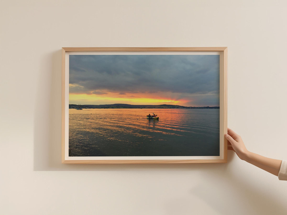 Sunset Kayak Estuary Landscape Poster, Coastal Dusk Framed-Print, Orange Sky Water Reflection, Nautical Wall Art, Devon Estuary Print