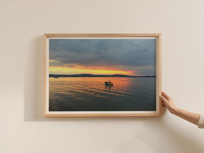 Sunset Kayak Estuary Landscape Poster, Coastal Dusk Framed-Print, Orange Sky Water Reflection, Nautical Wall Art, Devon Estuary Print