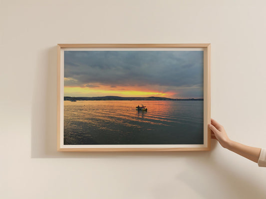 Sunset Kayak Estuary Landscape Poster, Coastal Dusk Framed-Print, Orange Sky Water Reflection, Nautical Wall Art, Devon Estuary Print