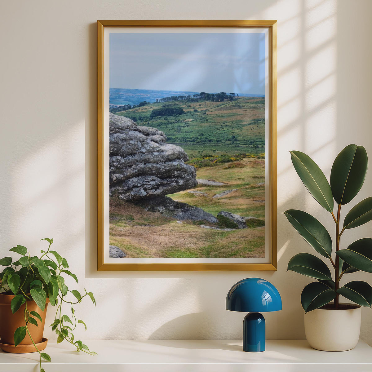 Dartmoor Granite Tor Landscape Poster, Devon Moorland Wall Art, Rolling Hills Print, British Countryside Photography, Green Moor Decor