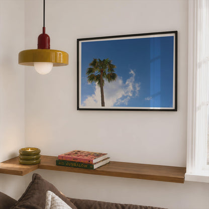 Palm Tree Blue Sky Poster, Tropical Photography Framed-Print, Summer Wall Art, Holiday Sunshine Print, Coastal Nature Decor, Green Azure