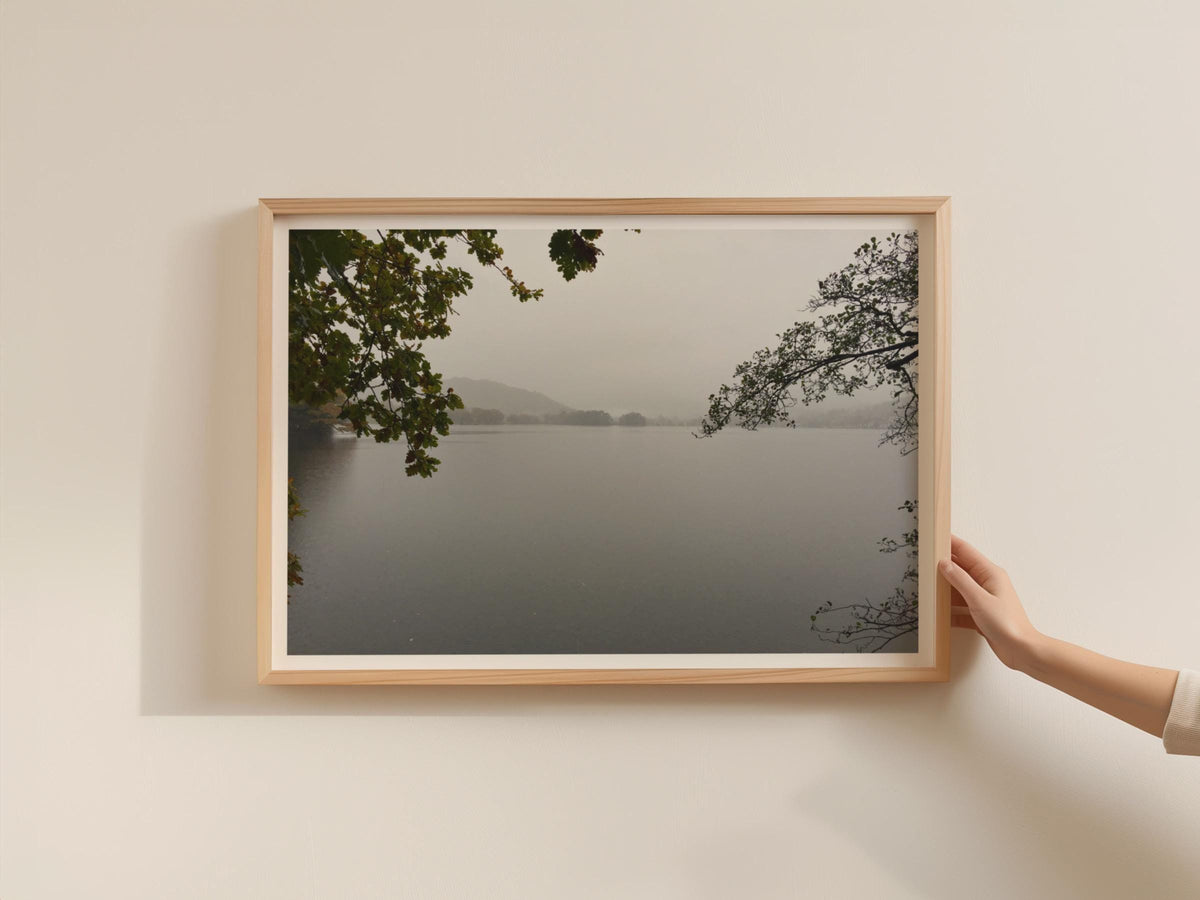 Misty Lake Landscape Poster, Autumn Trees Framed Print, Grey Moody Nature Wall Art, Lakeside Woodland Photography Print, Foggy Hillside