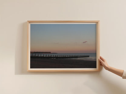 Dawlish Warren Beach Sunset Poster, Coastal Groyne Framed-Print, Devon Dusk Seascape Wall Art, Pastel Sky Photography Print