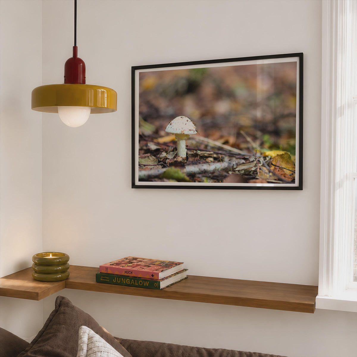 White Woodland Mushroom Poster mockup - Corner Bedroom Mockup - Landscape