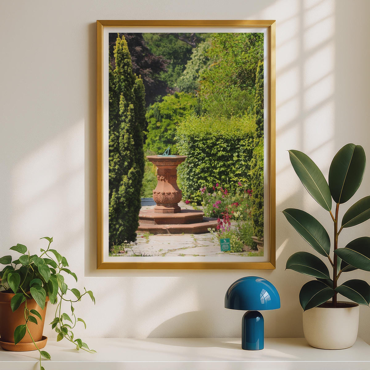 English Garden Sundial Poster, Terracotta Urn Wall Art, Formal Garden Print, Green Botanical Photography, Classic Garden Decor Gift