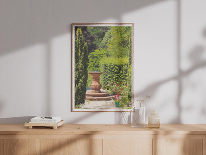 English Garden Sundial Poster, Terracotta Urn Wall Art, Formal Garden Print, Green Botanical Photography, Classic Garden Decor Gift