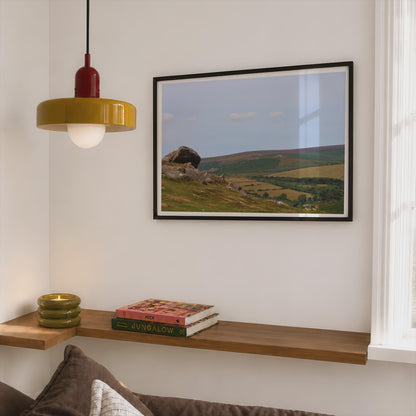 Dartmoor Tor Landscape Poster, Devon Moorland Framed-Print, granite rock rolling hills wall art, British countryside photography print