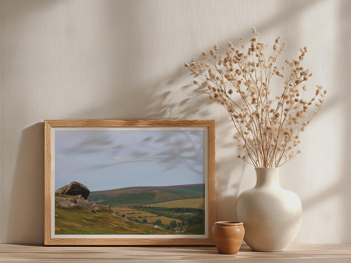 Dartmoor Tor Landscape Poster, Devon Moorland Framed-Print, granite rock rolling hills wall art, British countryside photography print