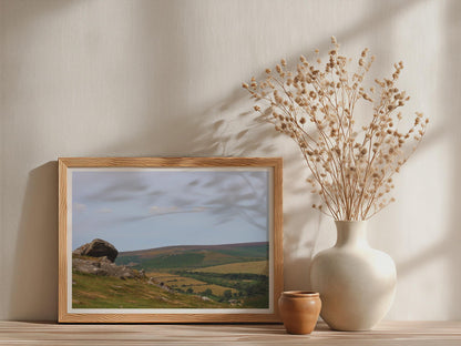 Dartmoor Tor Landscape Poster, Devon Moorland Framed-Print, granite rock rolling hills wall art, British countryside photography print