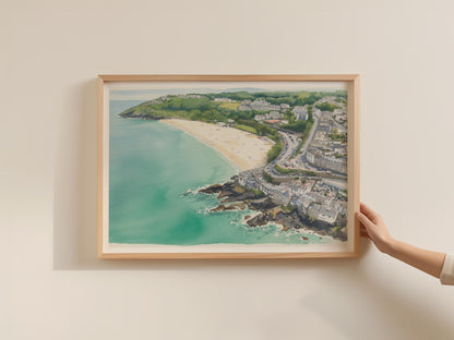 Cornwall Coastal Town Poster, Watercolour Beach Print, Framed-Print Cornwall Wall Art, Seaside Aerial View, Turquoise Sea, British Coast