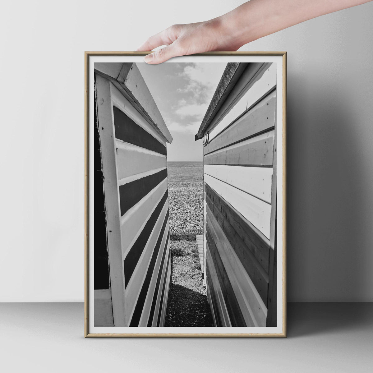 Beach Hut Photography Print, Black and White Coastal Wall Art, Seaside Poster, Pebble Beach Photo, British Coastal Decor, Nautical Print