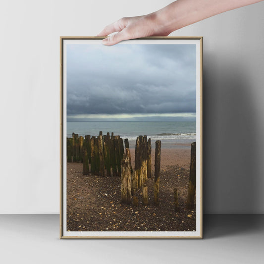 Wooden Groyne Beach Poster, Coastal Photography Print, Stormy Sea Wall Art, Moody Seaside Pebble Shore, British Coast Photo Print