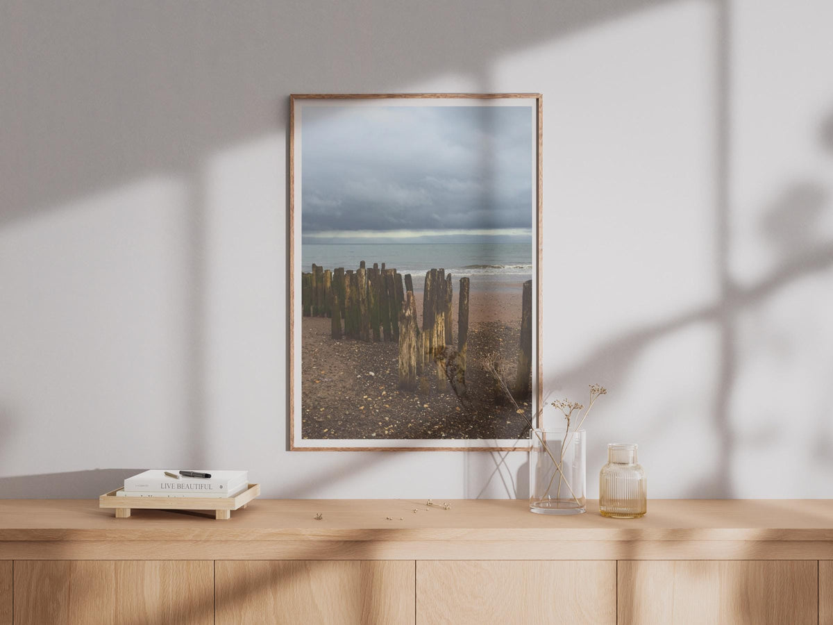 Wooden Groyne Beach Poster, Coastal Photography Print, Stormy Sea Wall Art, Moody Seaside Pebble Shore, British Coast Photo Print