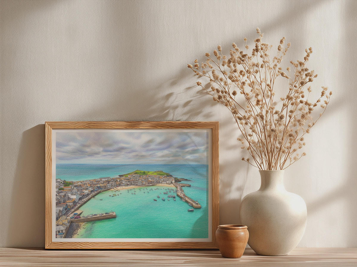 St Ives Cornwall Aerial Poster, Harbour Wall Art, Framed-Print, Coloured Pencil Style, Coastal Cornish Town Print, Turquoise Sea