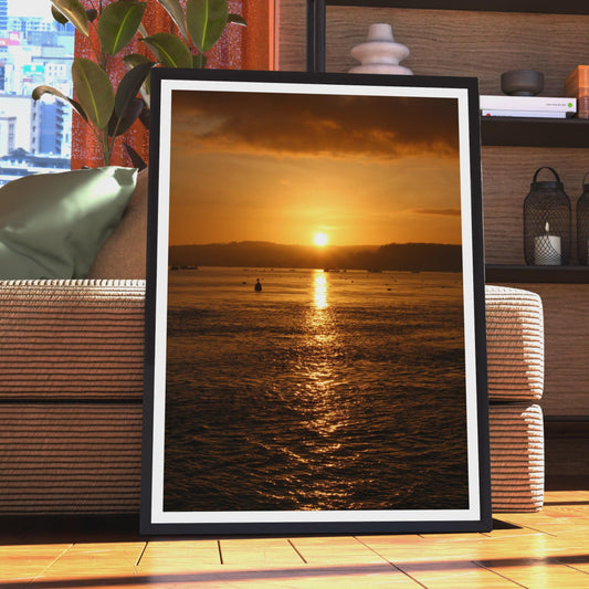 Golden Sunset Over the Sea Poster, Coastal Sunrise Wall Art, Ocean Horizon Print, Amber Sky Photography, Nautical Home Decor, Seascape Print