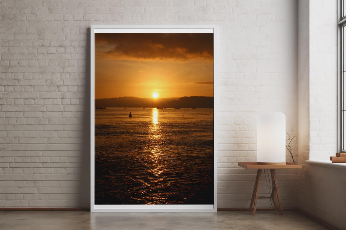 Golden Sunset Over the Sea Poster, Coastal Sunrise Wall Art, Ocean Horizon Print, Amber Sky Photography, Nautical Home Decor, Seascape Print