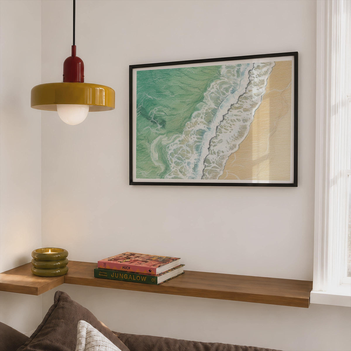 Cornwall Coastal Wave Poster, Aerial Beach Art Print, Framed-Print Teal Sea, Pencil Drawing Wall Art, Seaside Surf Sand Decor, Cornwall Gift