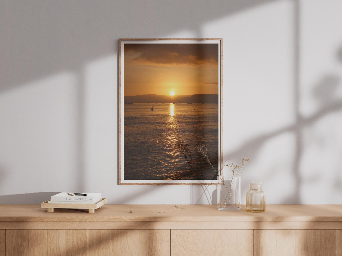 Golden Sunset Over the Sea Poster, Coastal Sunrise Wall Art, Ocean Horizon Print, Amber Sky Photography, Nautical Home Decor, Seascape Print