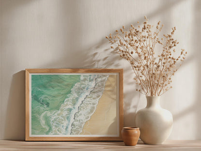 Cornwall Coastal Wave Poster, Aerial Beach Art Print, Framed-Print Teal Sea, Pencil Drawing Wall Art, Seaside Surf Sand Decor, Cornwall Gift