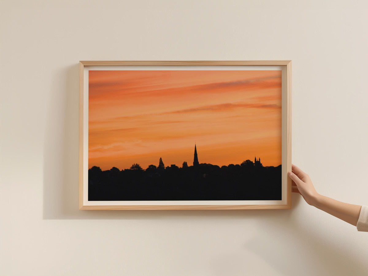 Church Spire Sunset Silhouette Poster, Orange Sky Landscape Framed-Print, English Town Skyline Wall Art, Dusk Photography Print