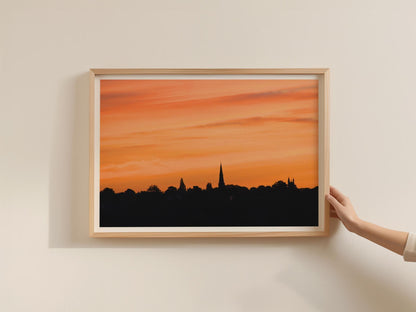 Church Spire Sunset Silhouette Poster, Orange Sky Landscape Framed-Print, English Town Skyline Wall Art, Dusk Photography Print