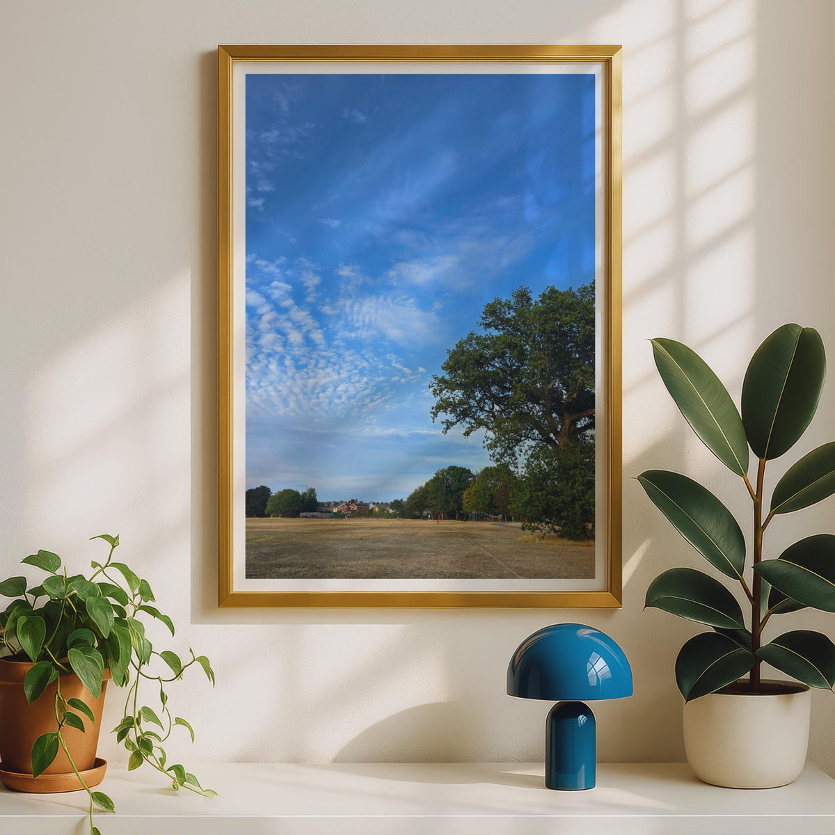 English Summer Park Landscape Poster, Oak Tree Blue Sky Print, British Countryside Wall Art, Sunny Open Field Photo Print for Living Room