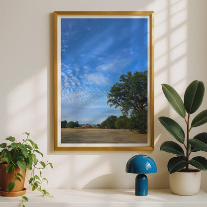English Summer Park Landscape Poster, Oak Tree Blue Sky Print, British Countryside Wall Art, Sunny Open Field Photo Print for Living Room