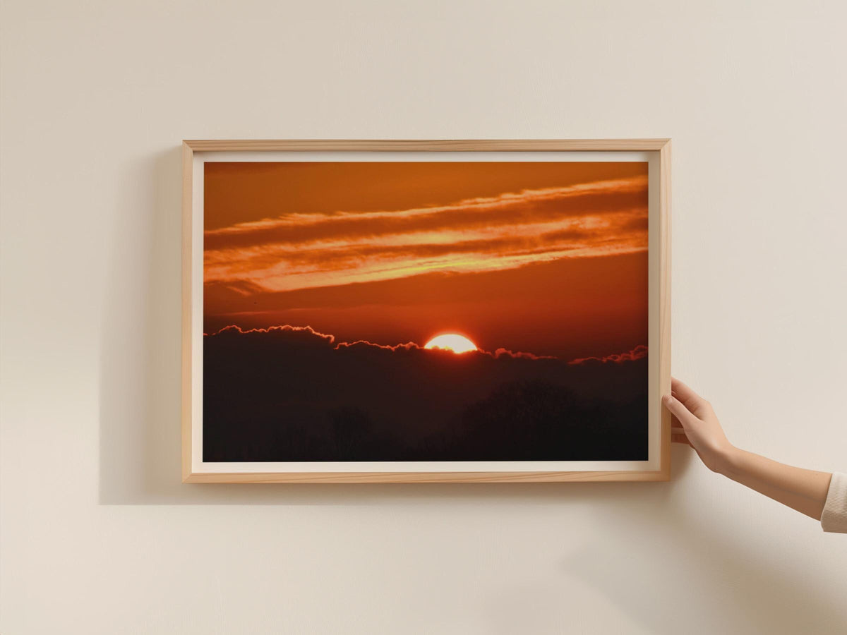 Fiery Sunset Landscape Poster, Red Orange Sky Framed-Print, Dramatic Cloudscape Wall Art, Dawn Dusk Photography Print