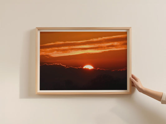 Fiery Sunset Landscape Poster, Red Orange Sky Framed-Print, Dramatic Cloudscape Wall Art, Dawn Dusk Photography Print