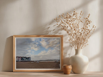 Exmouth Beach Poster, Devon Coastal Framed-Print, Boats on Shingle Shore Wall Art, Estuary Sky, British Seaside Print
