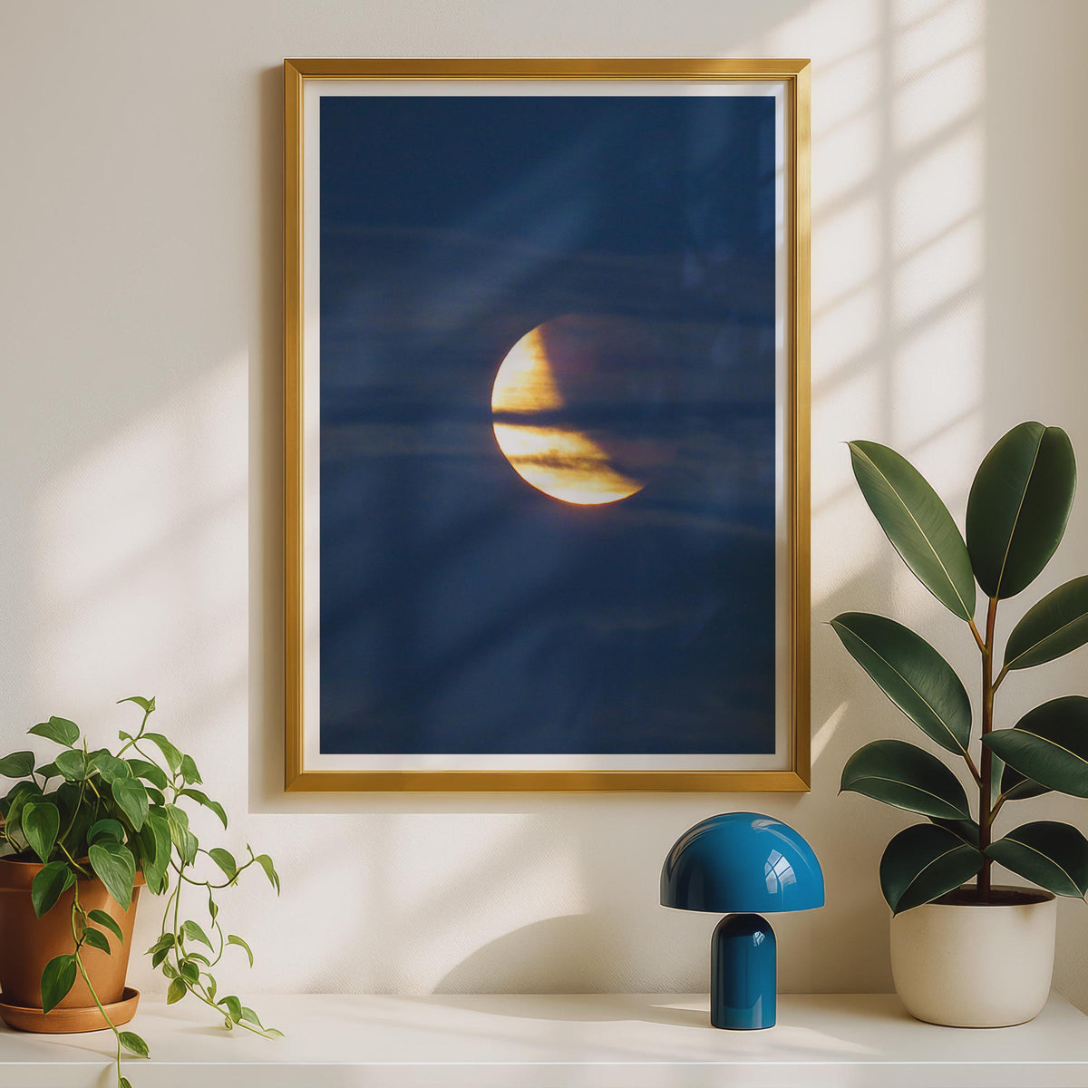 Crescent Moon Photography Print, Golden Moon Behind Clouds Poster, Night Sky Wall Art, Blue and Gold Celestial Bedroom Decor