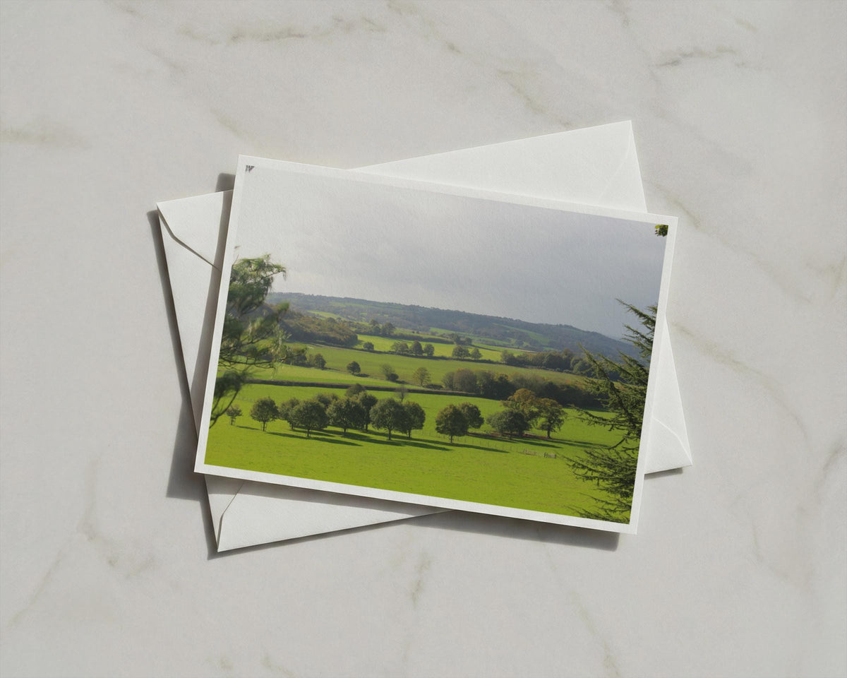 Rolling Green Countryside Landscape Poster, British Rural Scenery Framed-Print, Trees and Fields Wall Art, Autumn Farmland Nature Print