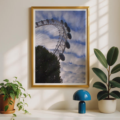 London Eye Poster, Ferris Wheel Photography Print, London Landmark Wall Art, South Bank Cityscape, Blue Sky Travel Photo Print