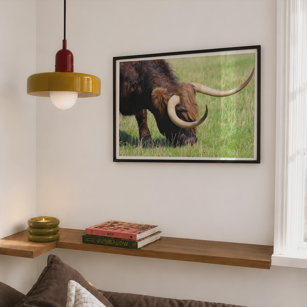 Highland Cow Grazing Poster, Scottish Highland Cattle Framed-Print, Brown Rustic Wildlife Wall Art, Farm Animal Photography Print