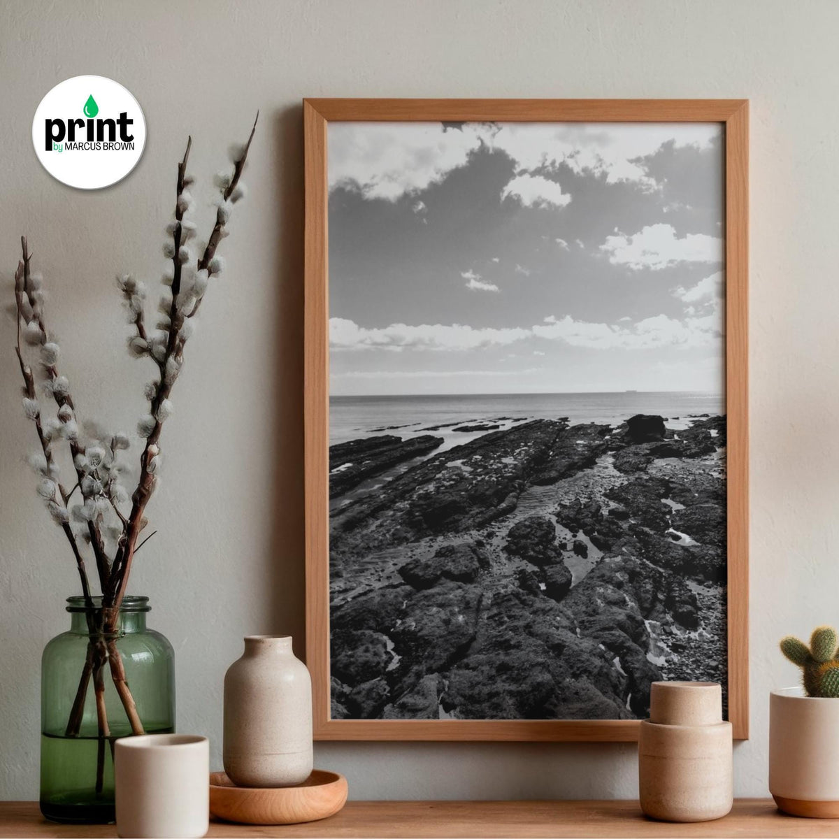 Devon Coastal Rocks Print - Black and White Beach Photography