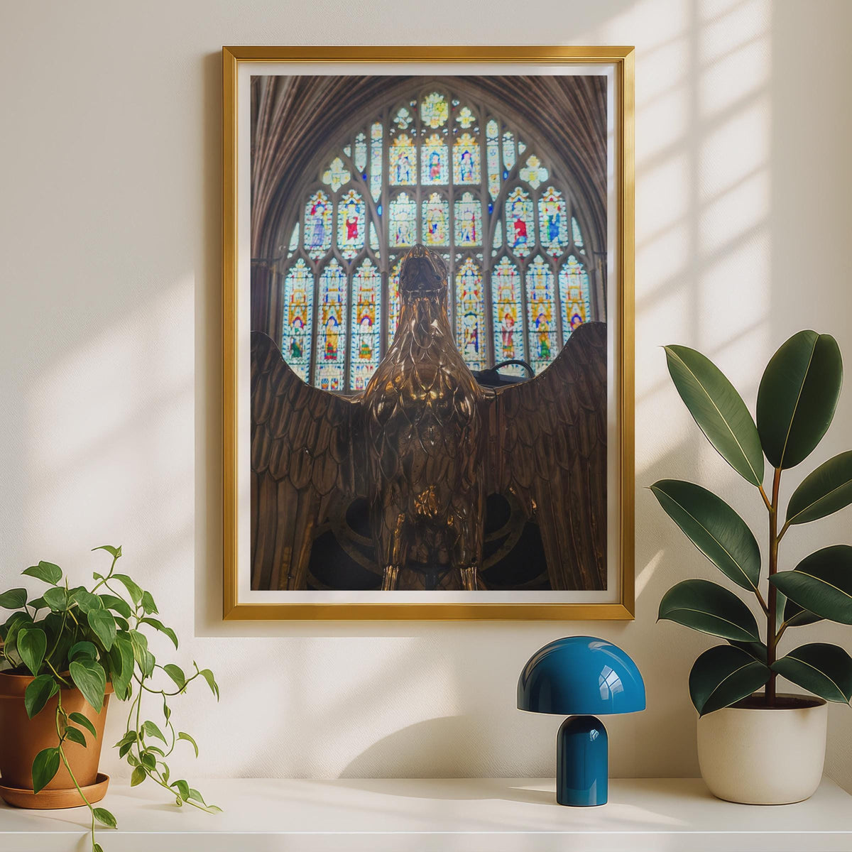 Brass Eagle Lectern Cathedral Poster, Stained Glass Window Print, Gothic Church Architecture Wall Art, Religious Interior Photography