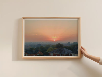 English Town Sunrise Landscape Poster, Dawn Sky Framed-Print, Peach Orange Rooftop View, British Townscape Wall Art, Dawn and Dusk Decor