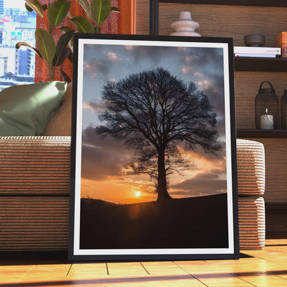 Lone Tree Sunset Silhouette Poster, Golden Sky Wall Art, Dramatic Dusk Landscape Print, Nature Photography, Living Room Decor