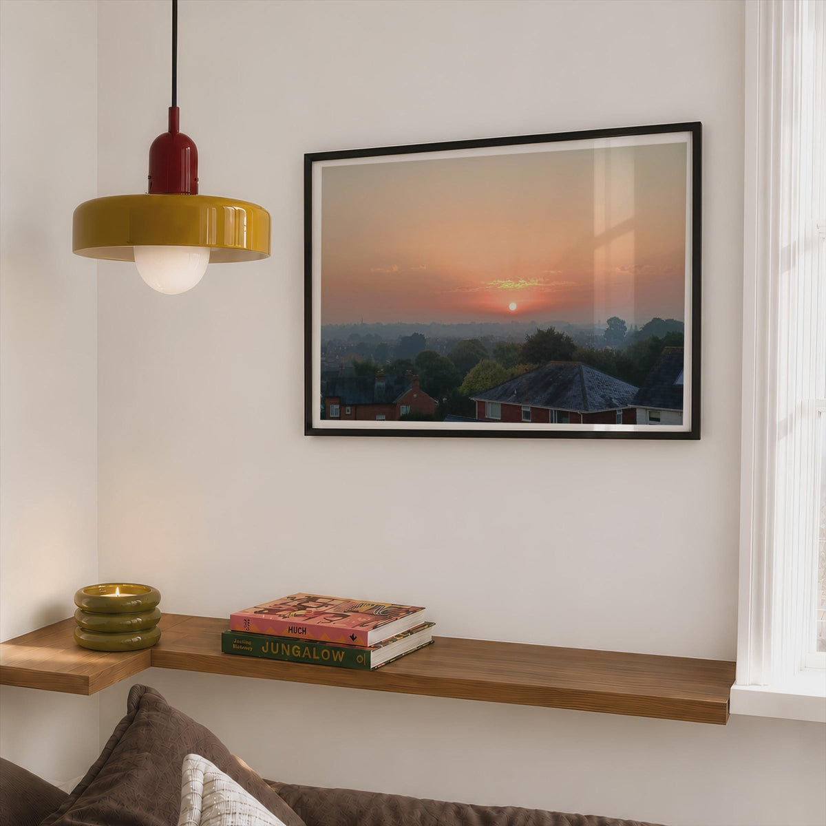 English Town Sunrise Landscape Poster mockup - Corner Bedroom Mockup - Landscape