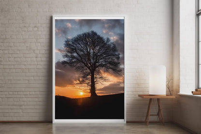 Lone Tree Sunset Silhouette Poster, Golden Sky Wall Art, Dramatic Dusk Landscape Print, Nature Photography, Living Room Decor