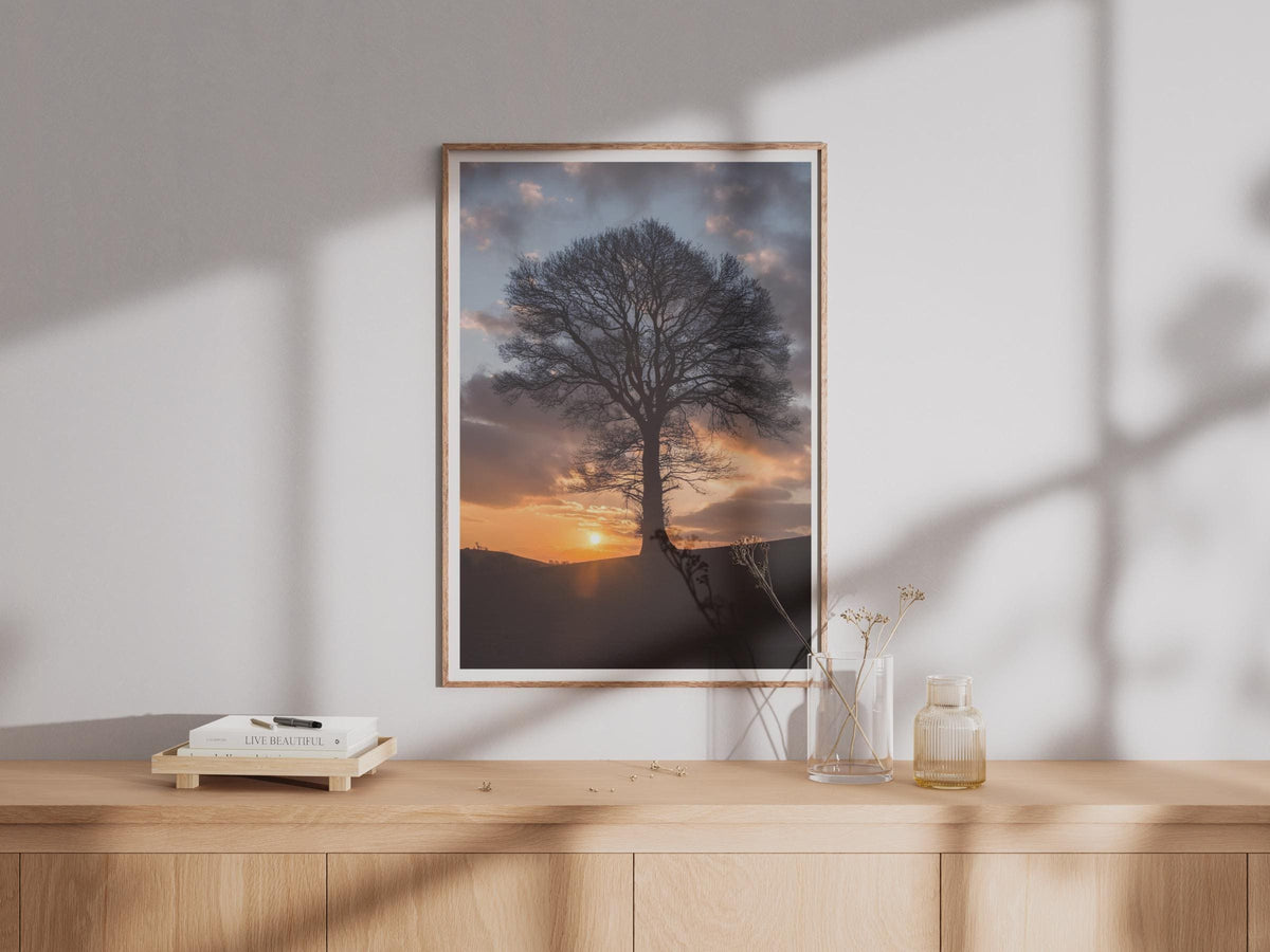 Lone Tree Sunset Silhouette Poster, Golden Sky Wall Art, Dramatic Dusk Landscape Print, Nature Photography, Living Room Decor