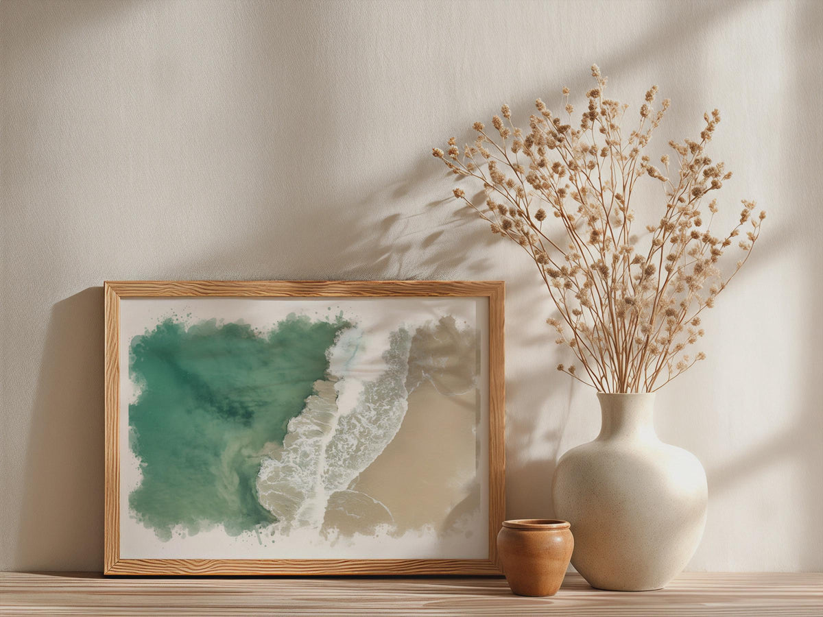 Cornwall Aerial Beach Waves Poster, Coastal Watercolour Framed-Print, Teal Ocean Wall Art, Cornish Seaside Print, Surf and Sand Home Decor