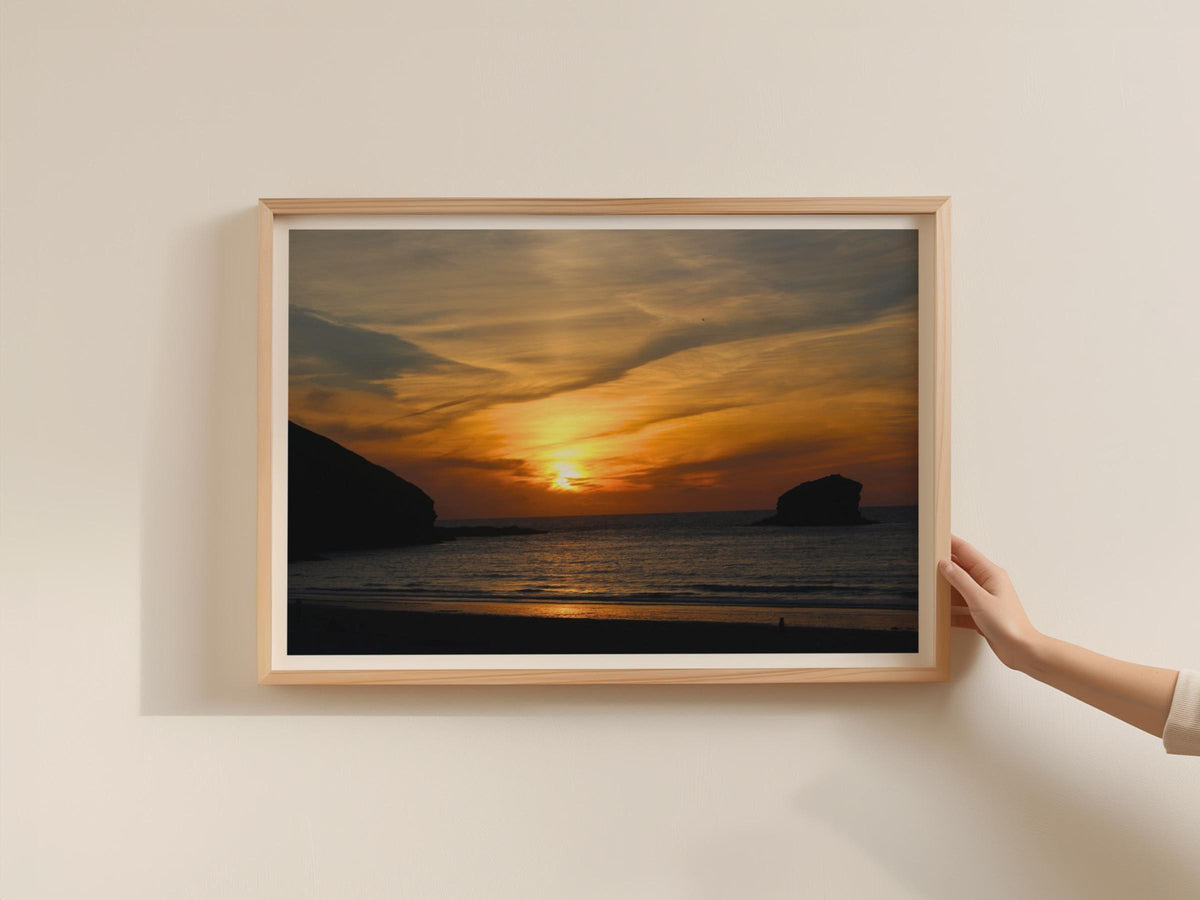 Coastal Sunset Poster, Beach Landscape Framed-Print, Orange Sky Sea Rock Silhouette, Dawn and Dusk Seascape Wall Art, Dramatic Ocean Print