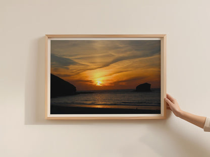 Coastal Sunset Poster, Beach Landscape Framed-Print, Orange Sky Sea Rock Silhouette, Dawn and Dusk Seascape Wall Art, Dramatic Ocean Print