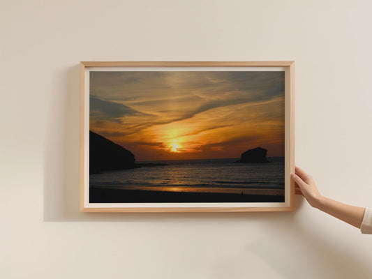 Coastal Sunset Poster, Beach Landscape Framed-Print, Orange Sky Sea Rock Silhouette, Dawn and Dusk Seascape Wall Art, Dramatic Ocean Print
