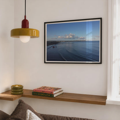 Dawlish Warren Beach Poster, Devon Coastal Framed-Print, Blue Sea Surfers Wall Art, South West England Seaside Print, Exmouth Bay