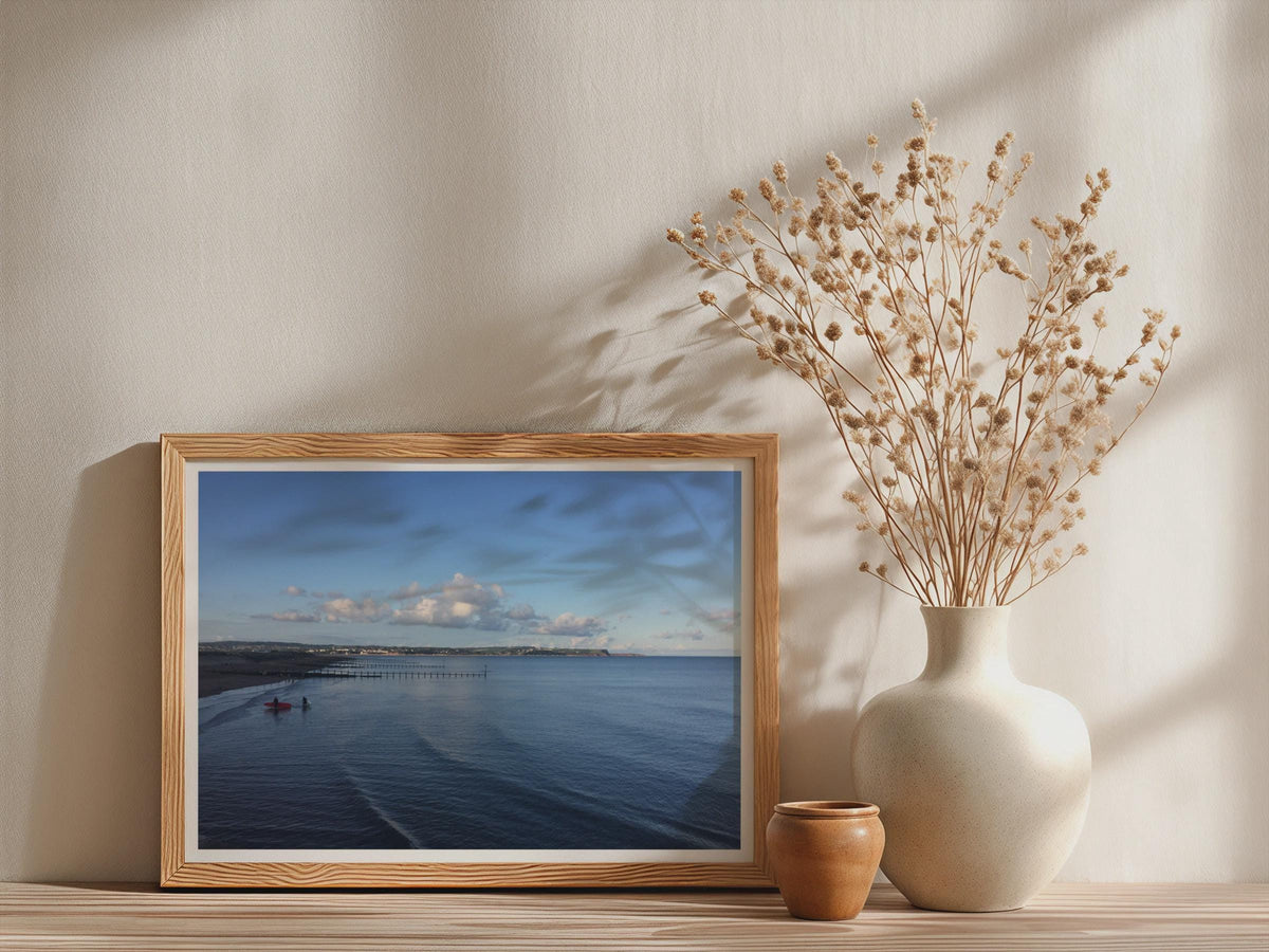 Dawlish Warren Beach Poster, Devon Coastal Framed-Print, Blue Sea Surfers Wall Art, South West England Seaside Print, Exmouth Bay