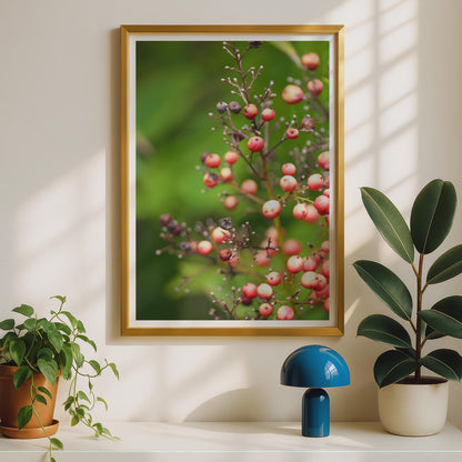 Red Berries Botanical Poster, Nature Photography Print, Berry Branch Wall Art, Green Bokeh, Autumn Garden Decor, Close-Up Plant Photo Print
