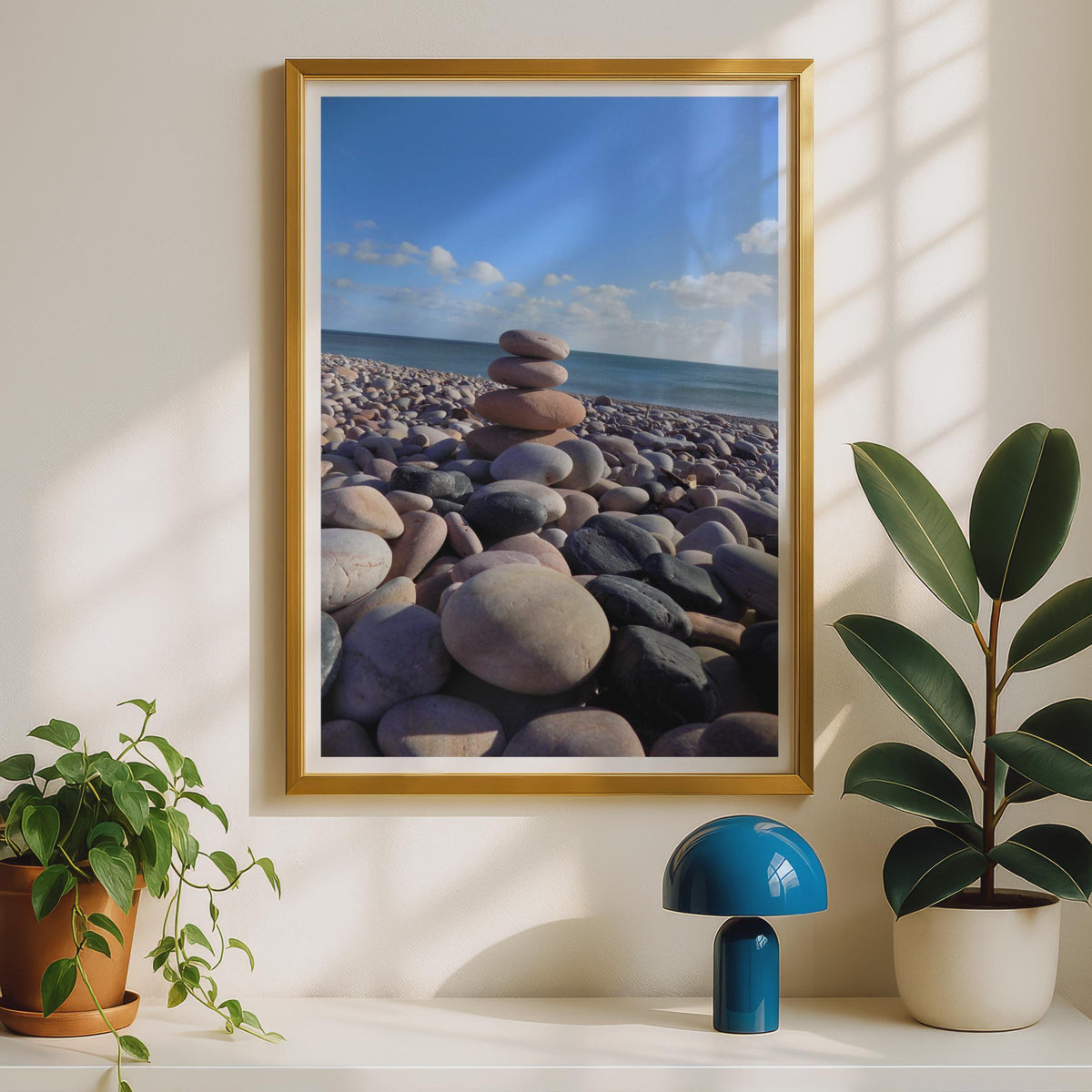 Stacked Pebbles Beach Poster, Zen Stone Cairn Wall Art, Coastal Photography Print, Mindful Ocean Decor, Pebble Shore Seaside Art Print